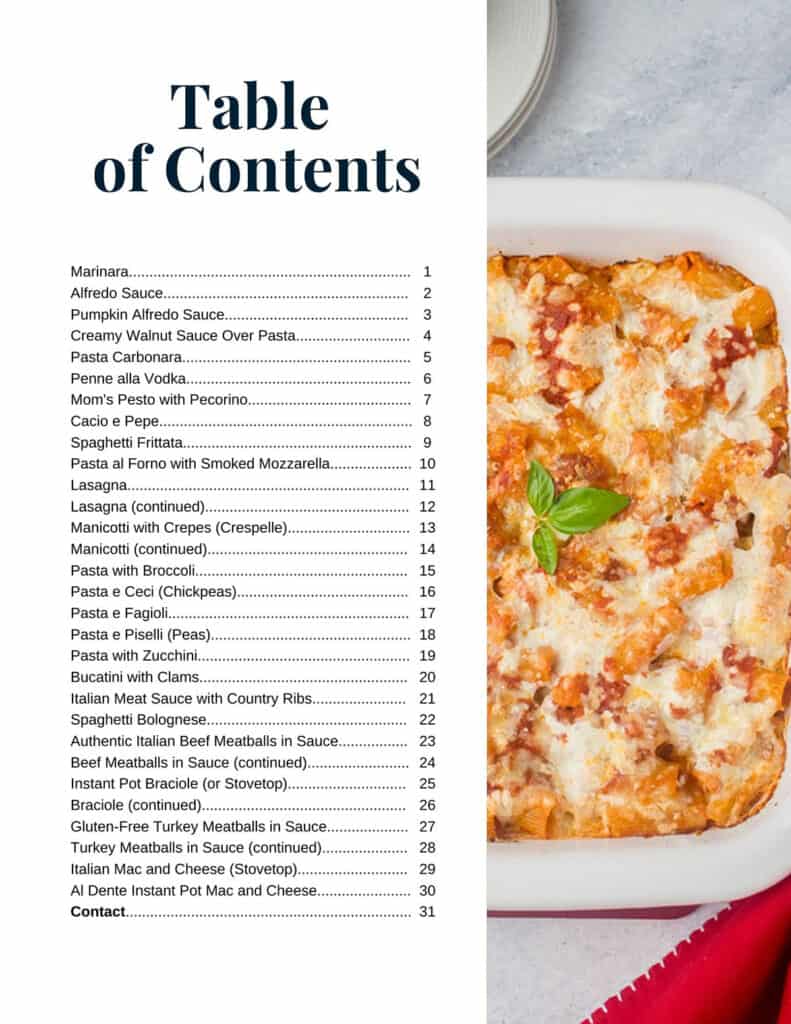 table of contents for pasta and sauces cookbook