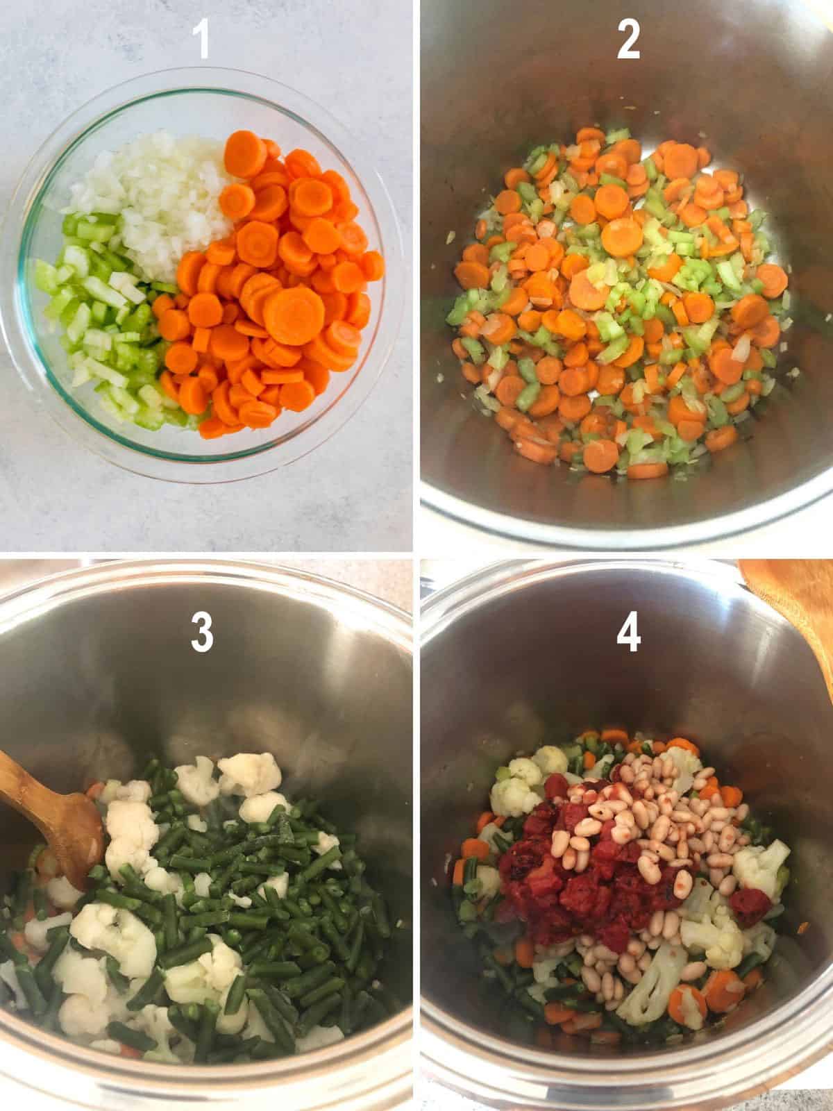 sliced carrots, onions celery, cooking them in pot, cauliflower, green beans added, beans and tomatoes