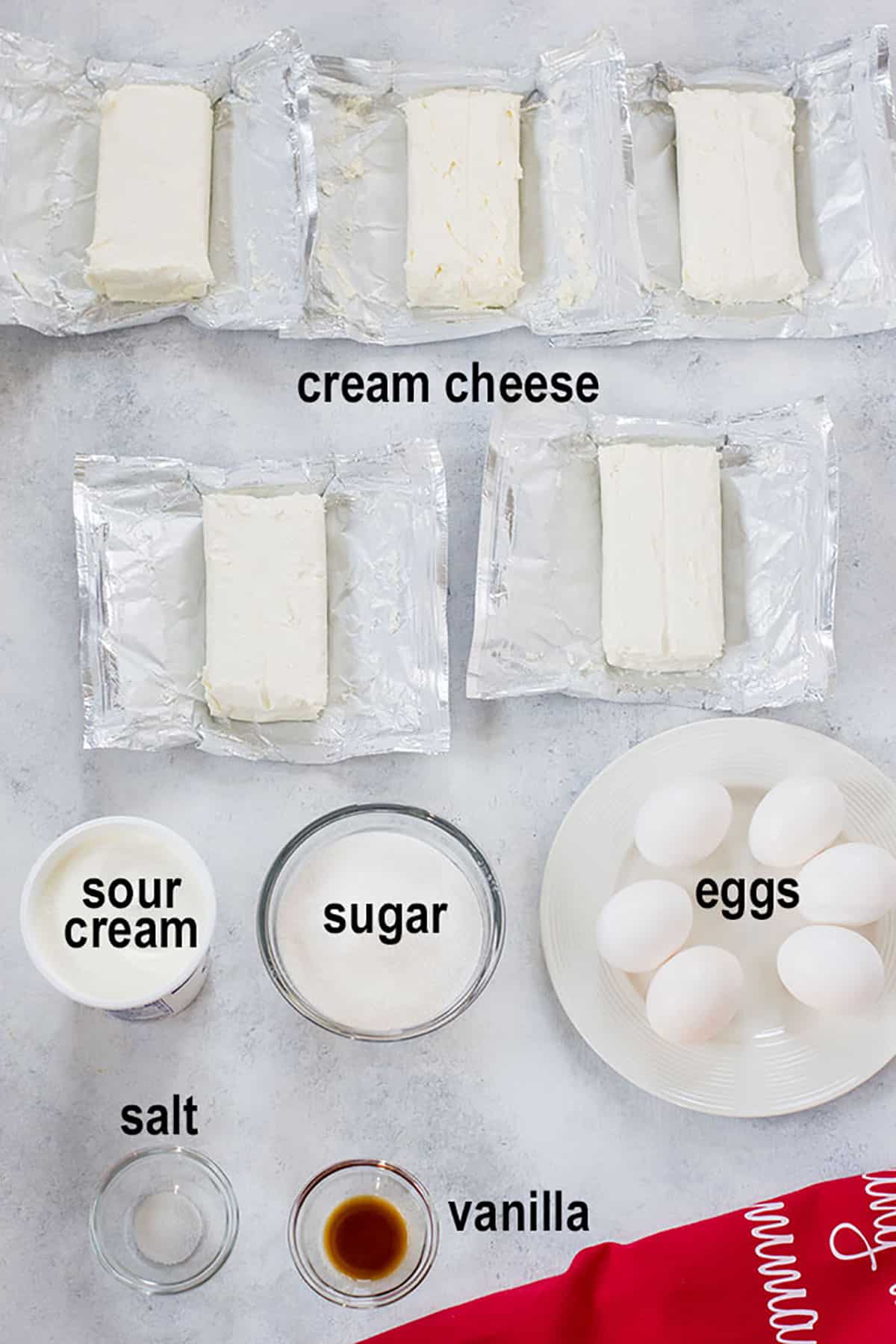 cream cheese, sour cream, sugar, eggs, salt, vanilla