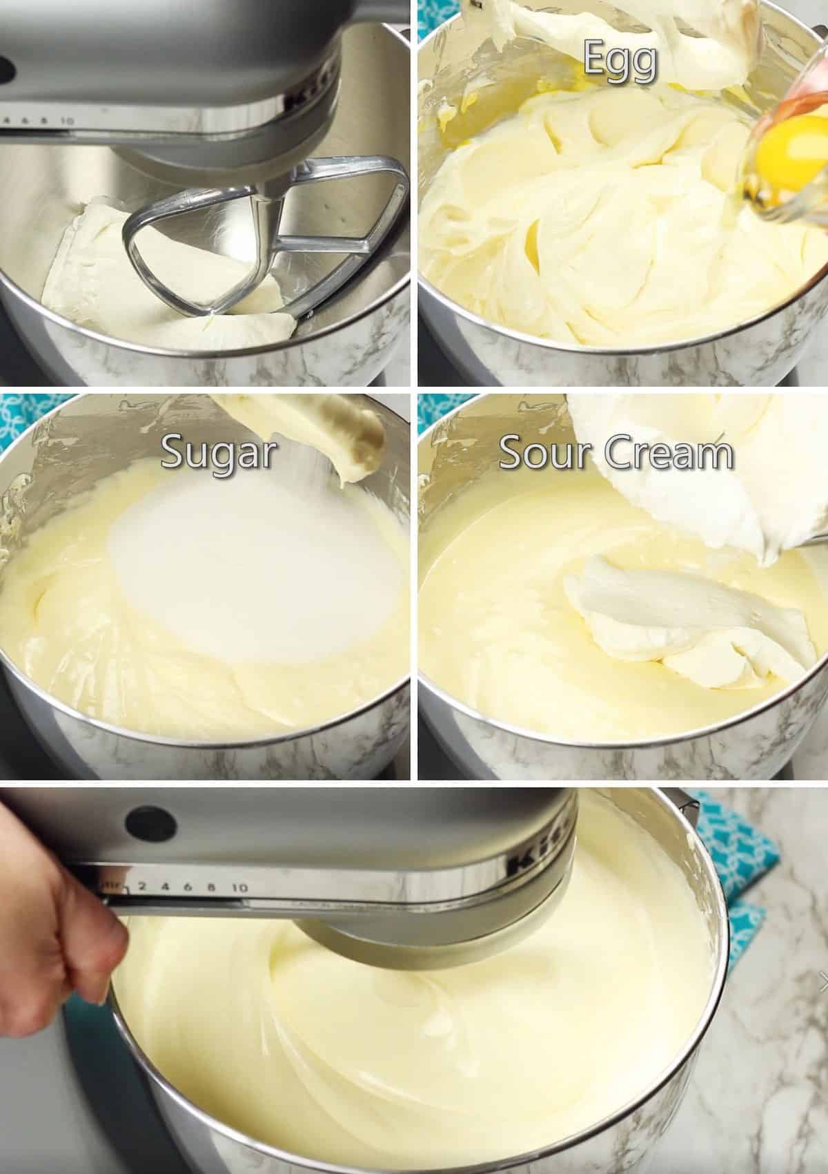 collage of making cheesecake filling in mixer
