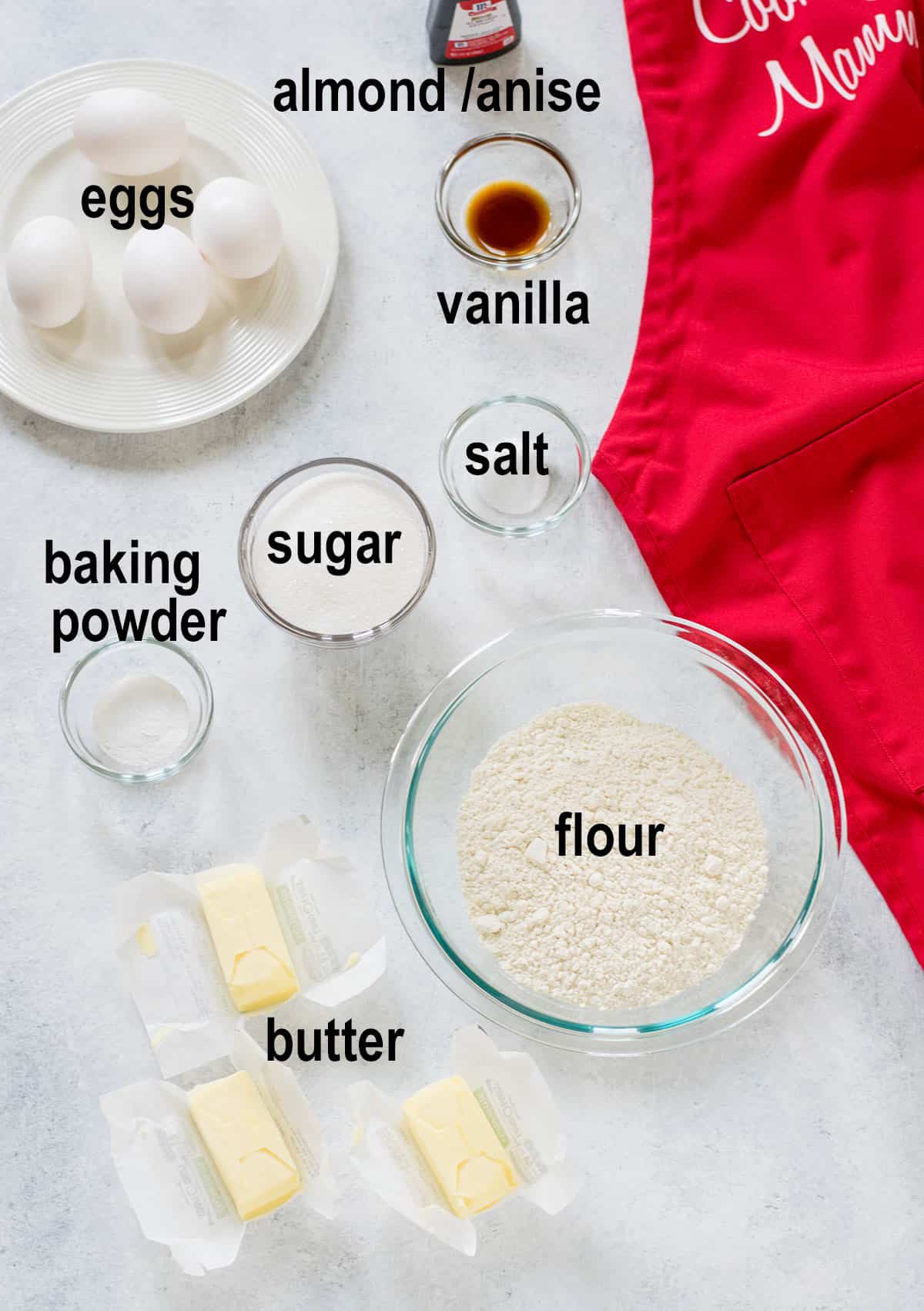 eggs, flour, butter, vanilla, extract, sugar, salt, baking powder