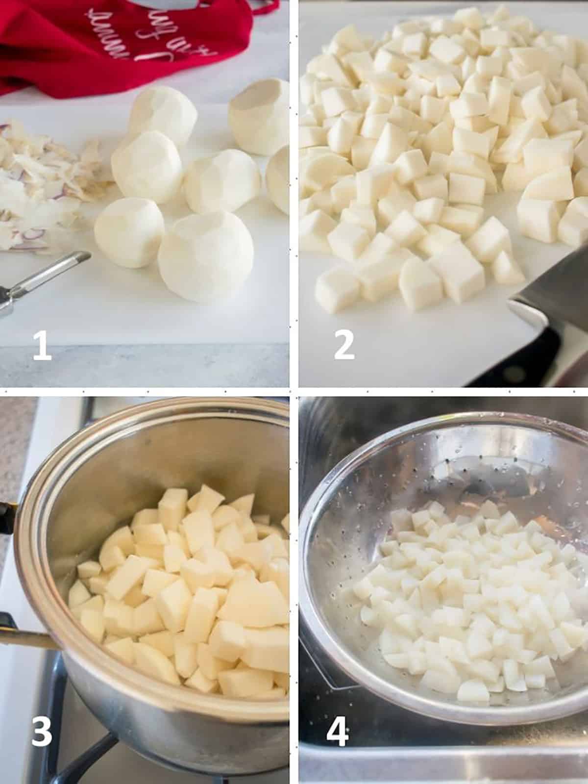 peeled turnips, cubed turnips, cubed turnips in pot, boiled turnips in drainer