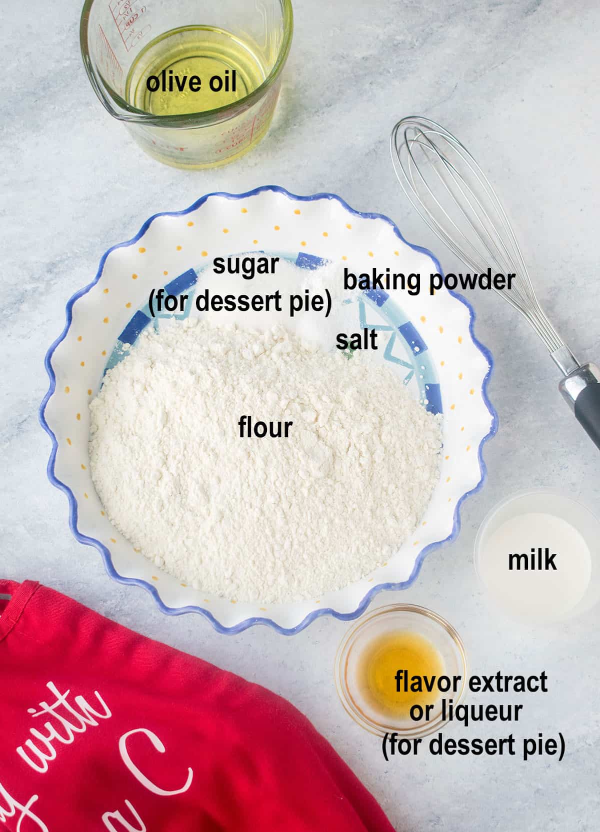 oil, flour, salt, baking powder, milk, flavoring 