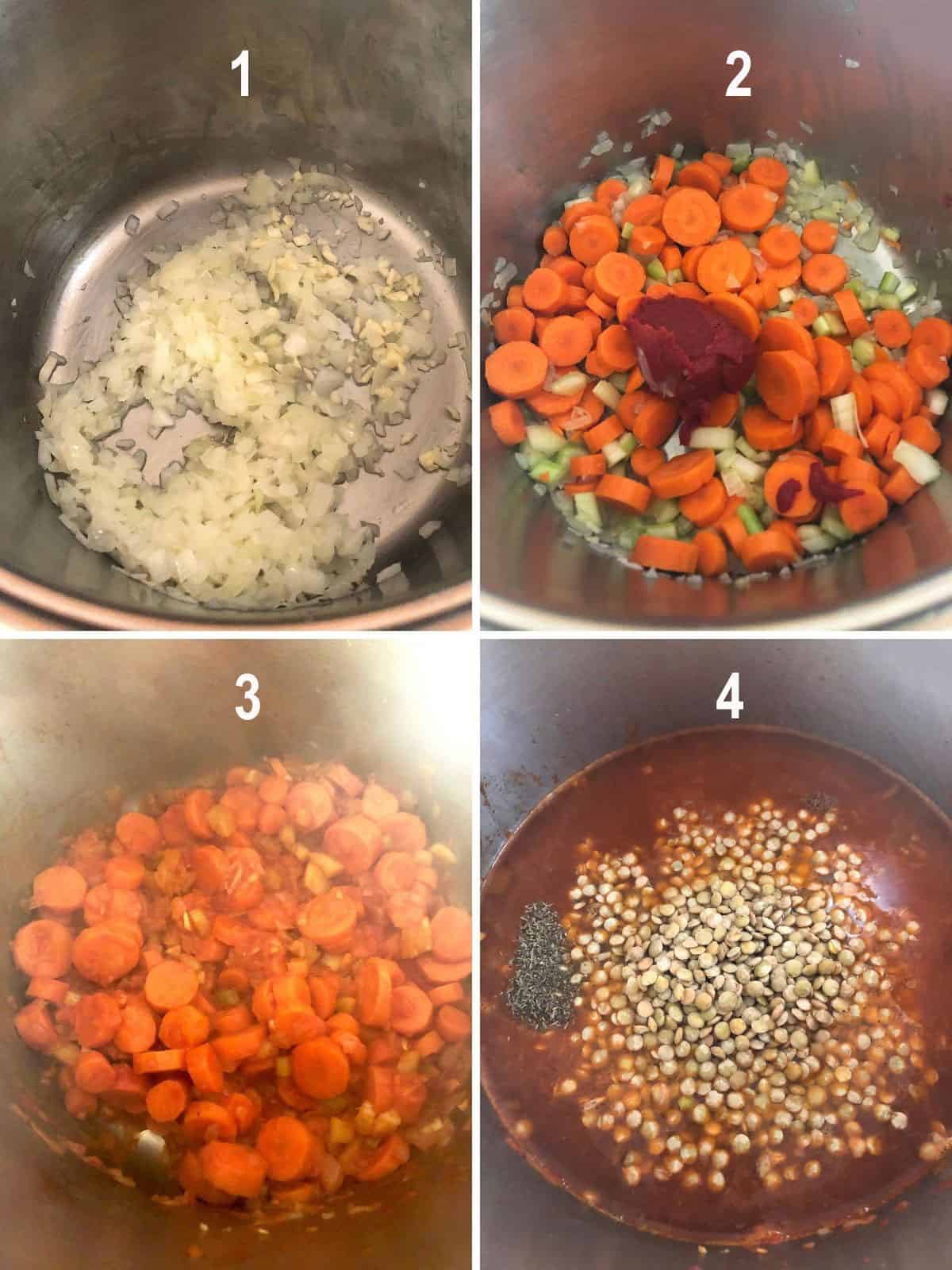 collage of onions in pot, carrots, celery, tomato paste, cooked carrots, lentils & broth added
