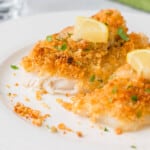 closeup of baked cod with bread crumbs