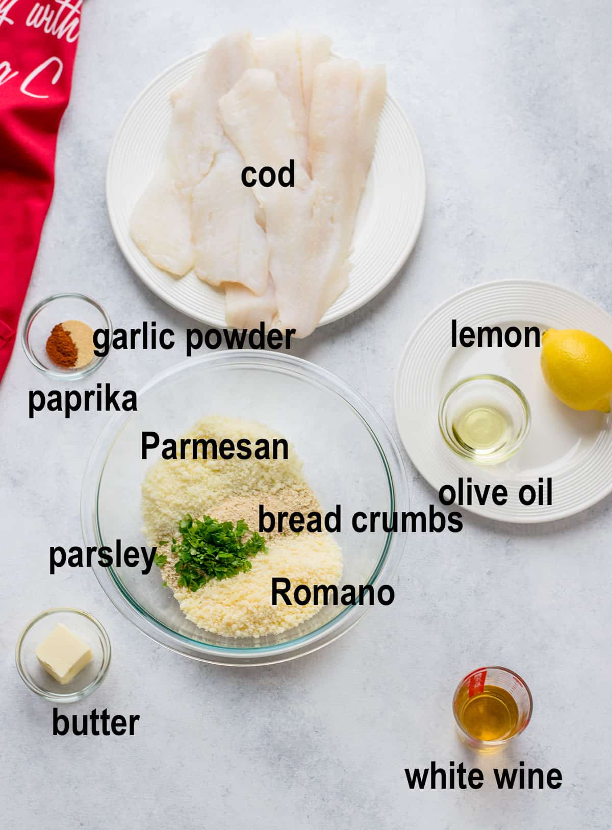 cod, bread crumbs, cheese, parsley, lemon, oil, wine, butter, seasonings