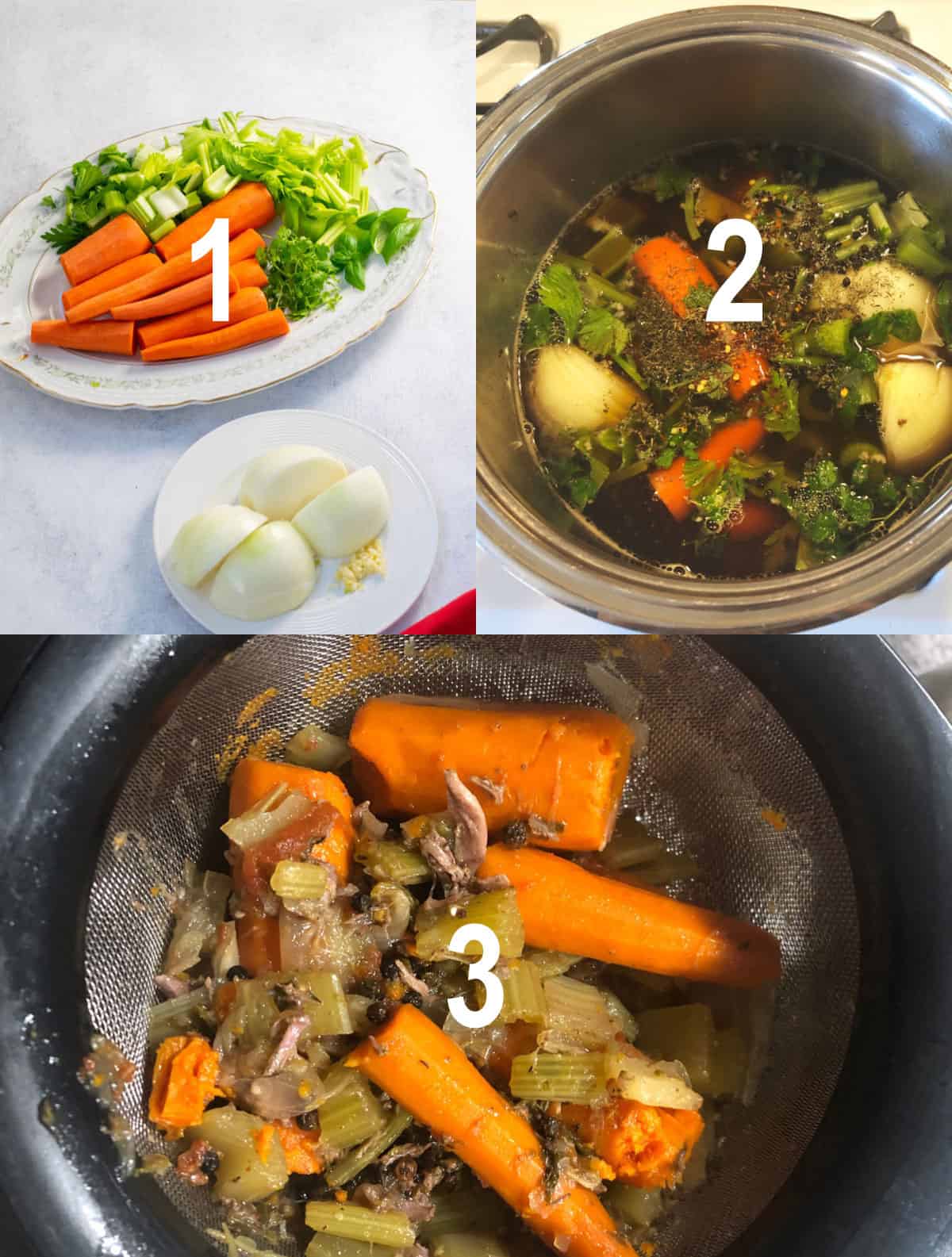 raw vegetables, vegetables cooking in pot, strained veggies