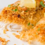 closeup of baked cod with bread crumbs cut open