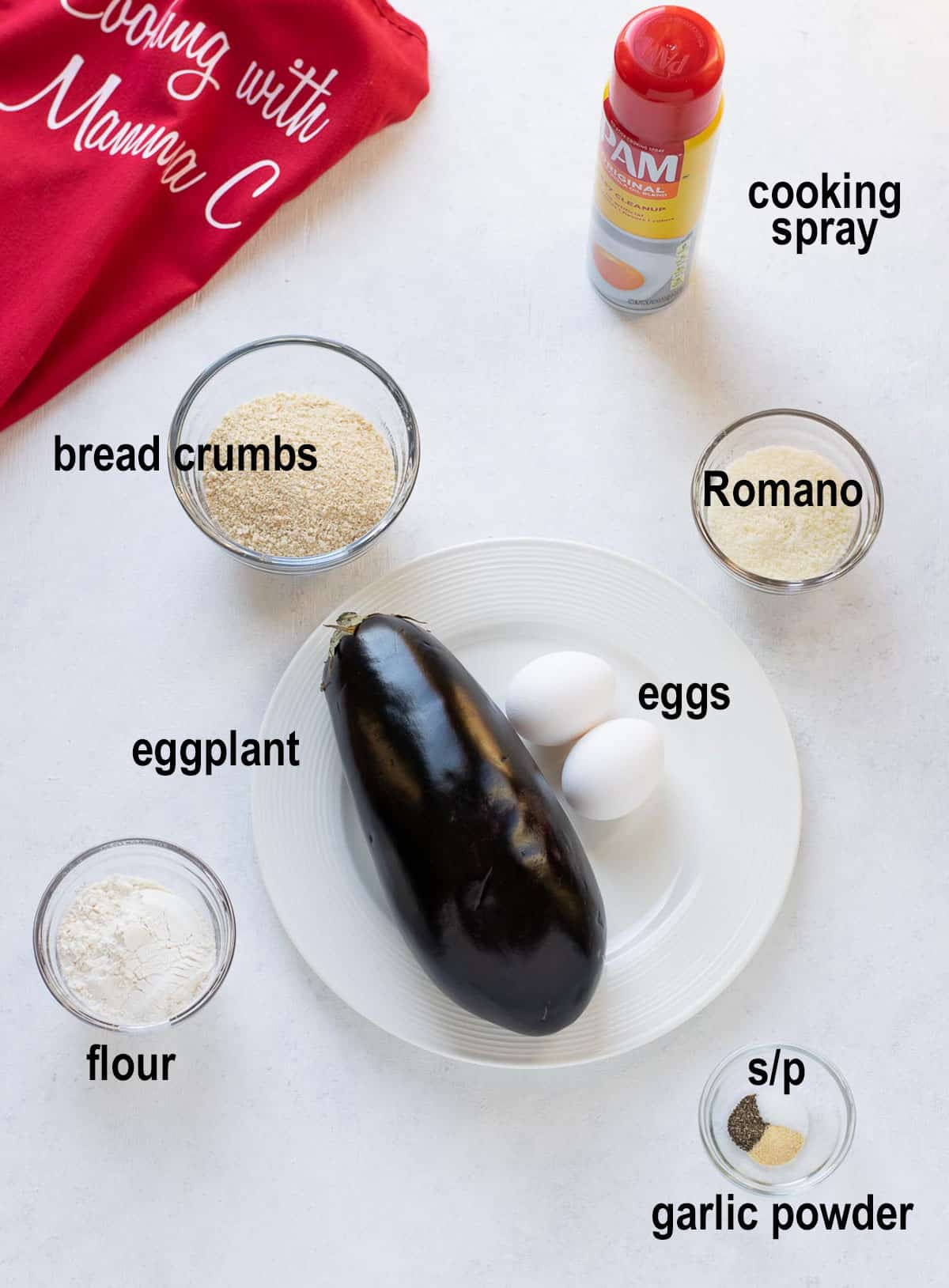 eggplant, cheese, eggs, flour, bread crumbs, seasonings, cooking spray.