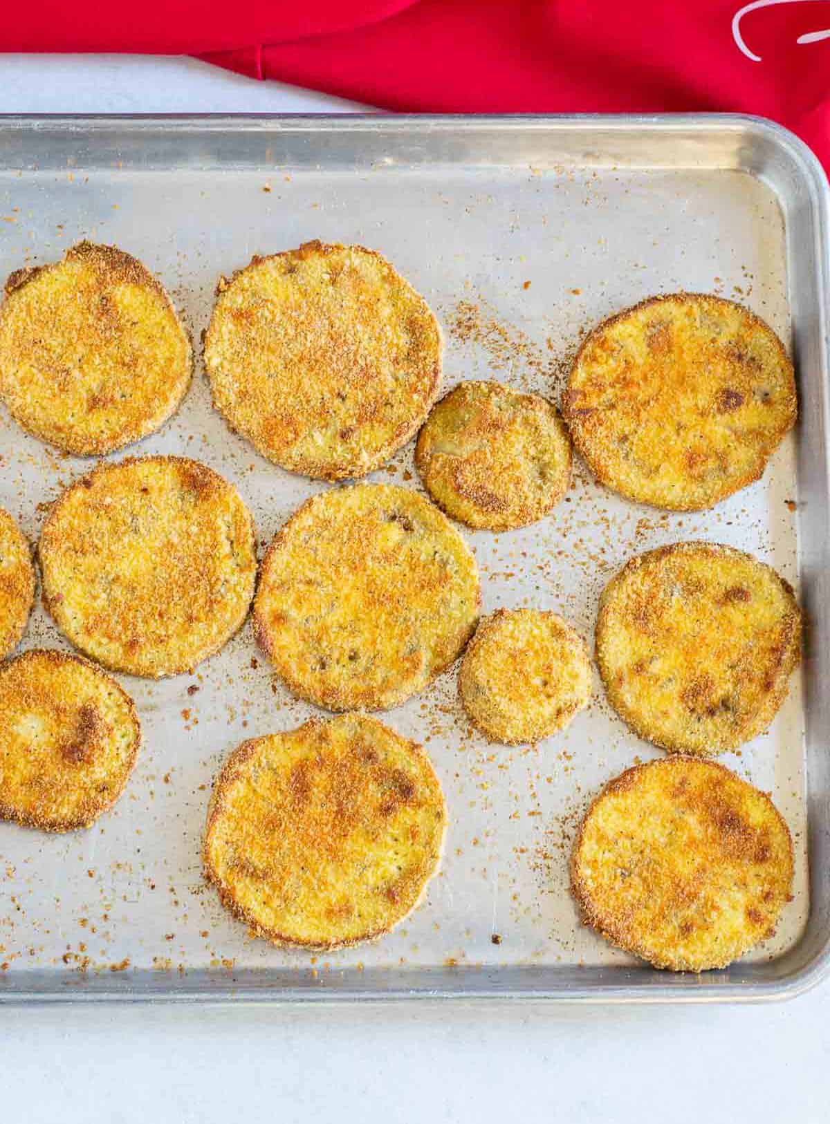 baked breaded eggplant slices in sheet pan
