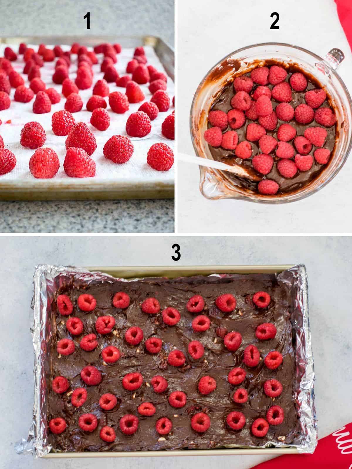 collage of raspberries, bowl of brownie batter with raspberries, pan of brownie batter with raspberries