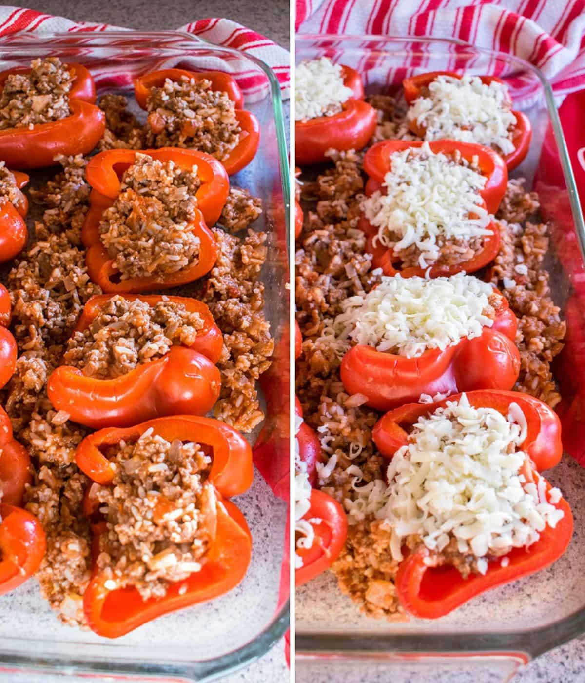 collage of meat-stuffed peppers in pan, stuffed peppers with shredded mozzarella
