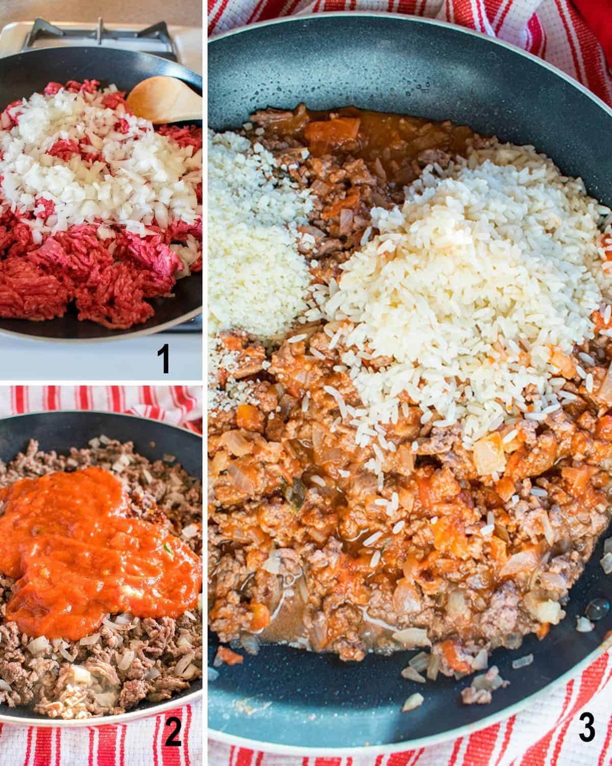 ground beef with onions, sauce added, rice and cheese added to browned beef 