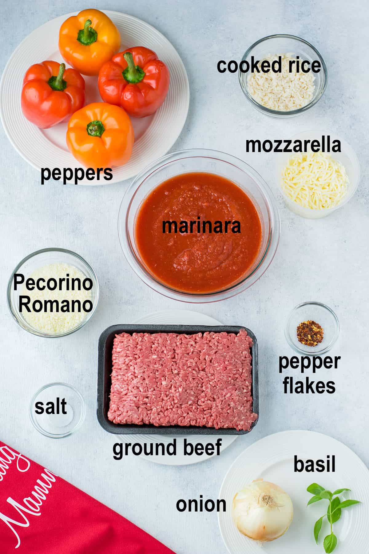 peppers, rice, sauce, cheese, meat, seasonings, onion, basil 