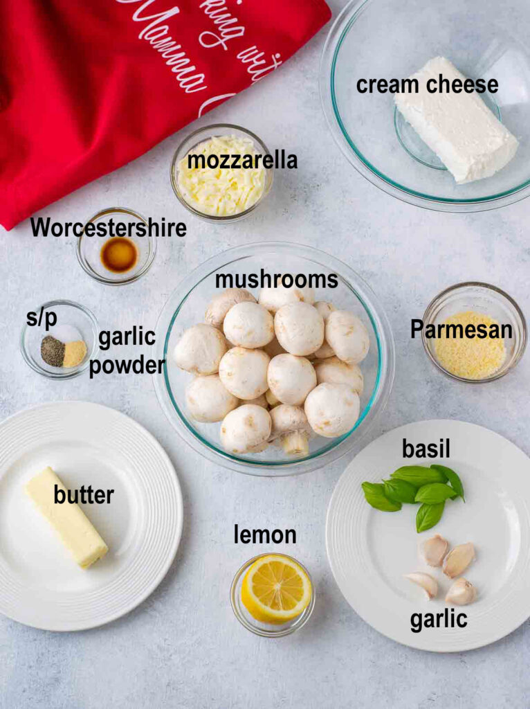 mushrooms, cream cheese, Parmesan, mozzarella, butter, lemon, basil, garlic and seasonings.