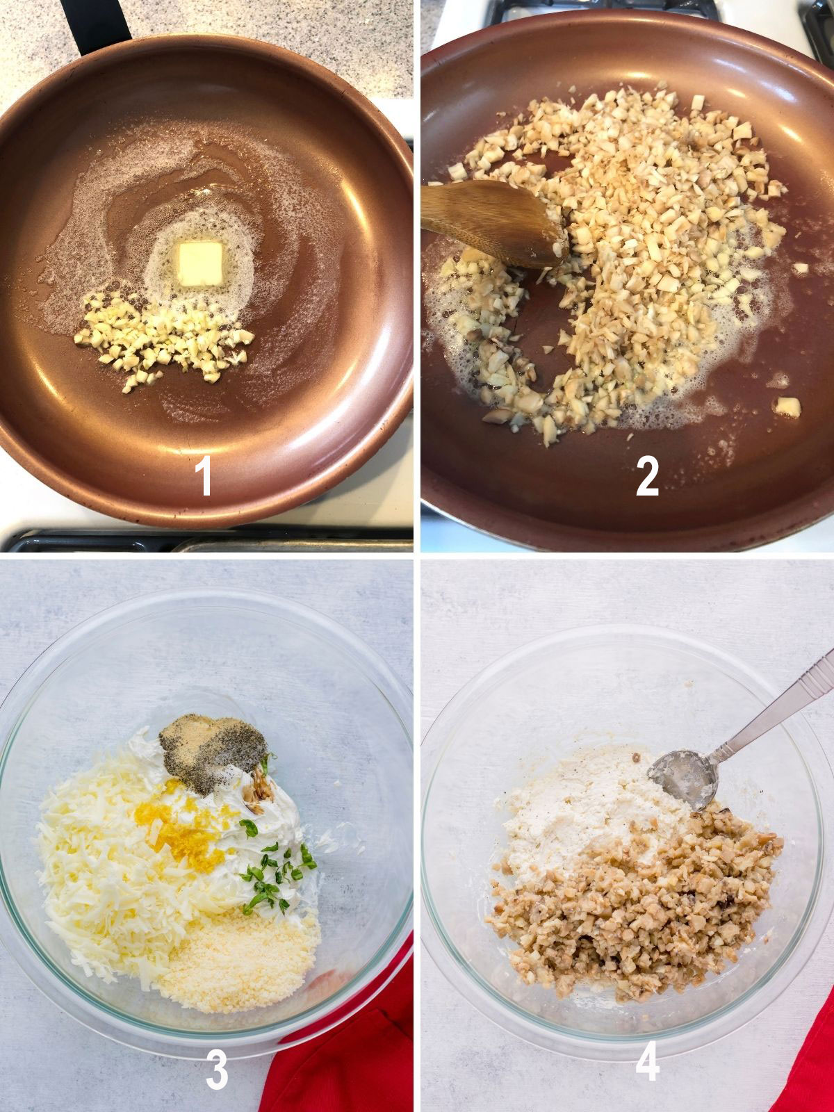 collage of process to make cream cheese filling for mushrooms.