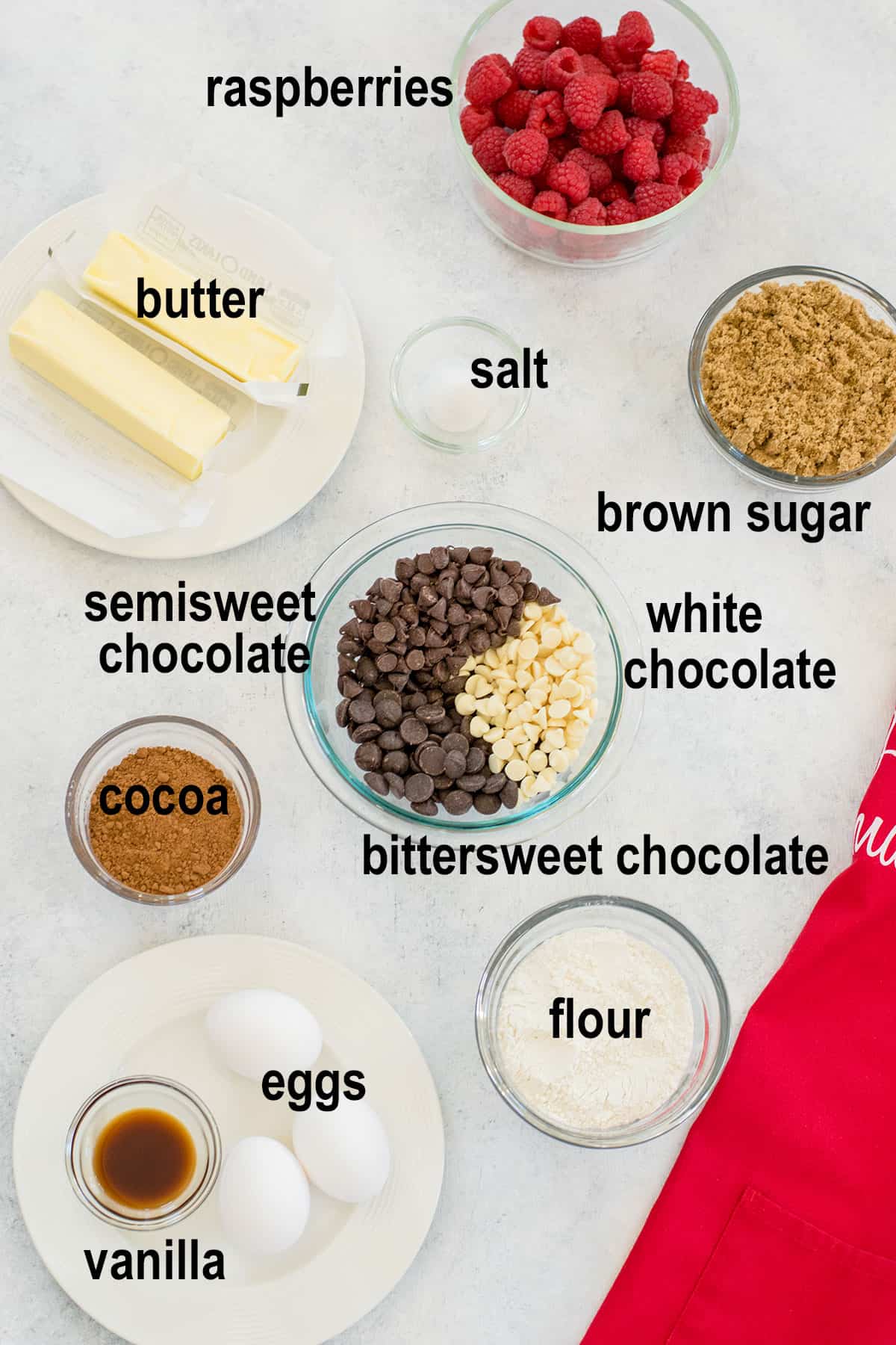 ingredients for triple chocolate brownies with raspberries
