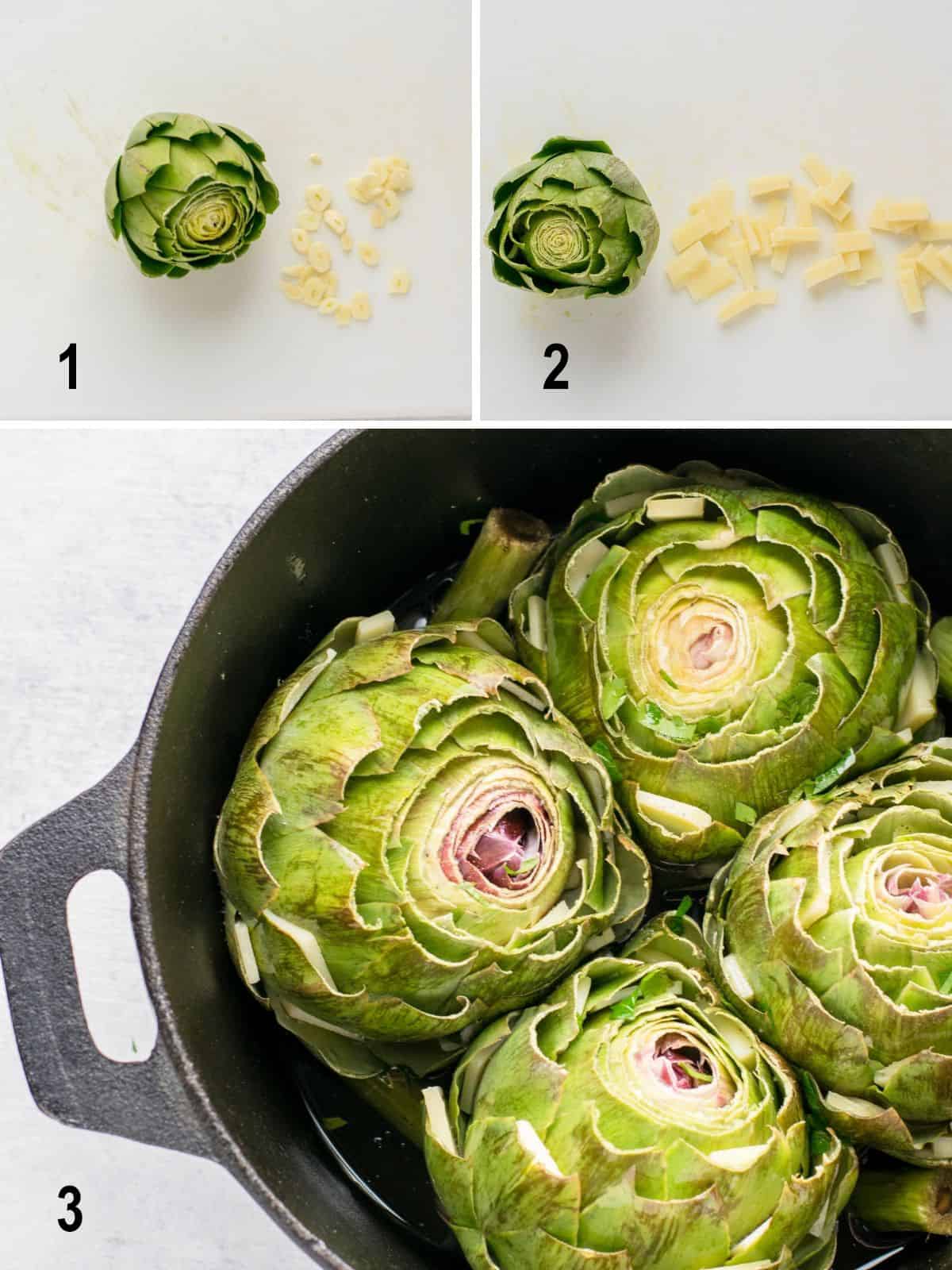 artichoke with garlic slices, pieces of cheese, stuffed artichokes in pot