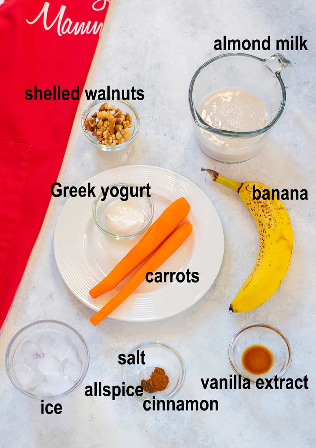 banana, carrots, walnuts, milk, yogurt, vanilla, seasonings