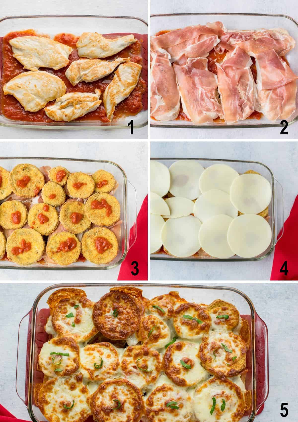 chicken cutlets, prosciutto layer, eggplant layer, cheese layer, baked pan of chicken and eggplants