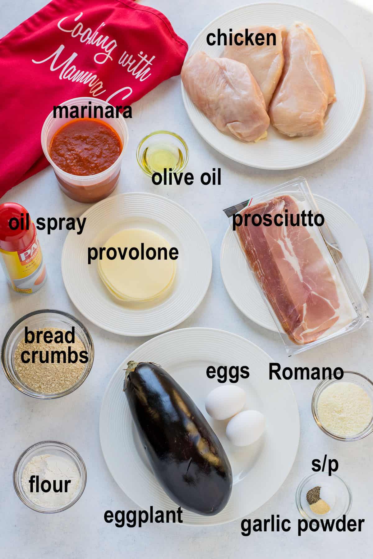 raw chicken breasts, marinara, prosciutto, eggplant, cheeses, bread crumbs, seasonings, eggs