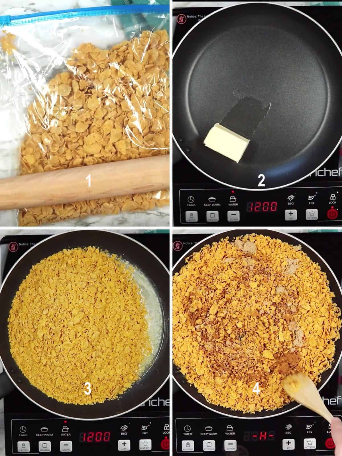 crushing corn flakes, butter in pan, cereal in pan with cinnamon and brown sugar