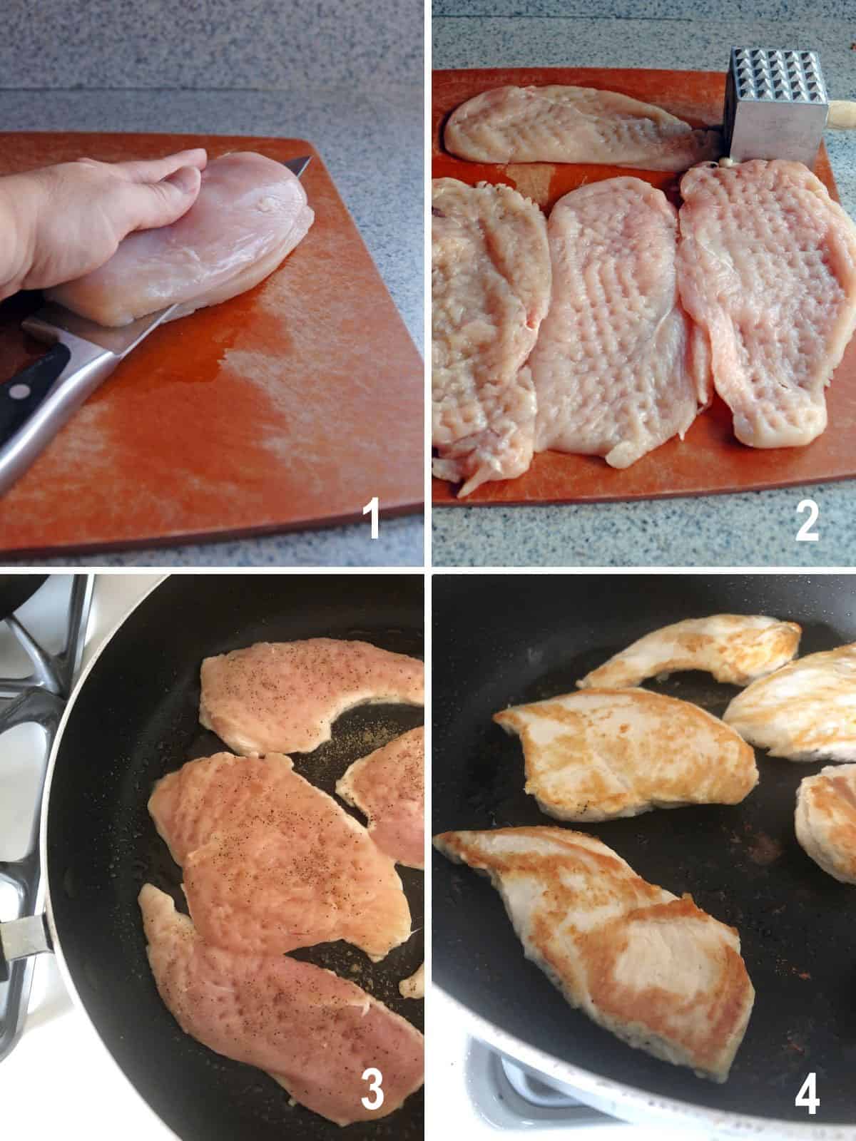 splitting chicken breasts, pounding them, browning them in pan