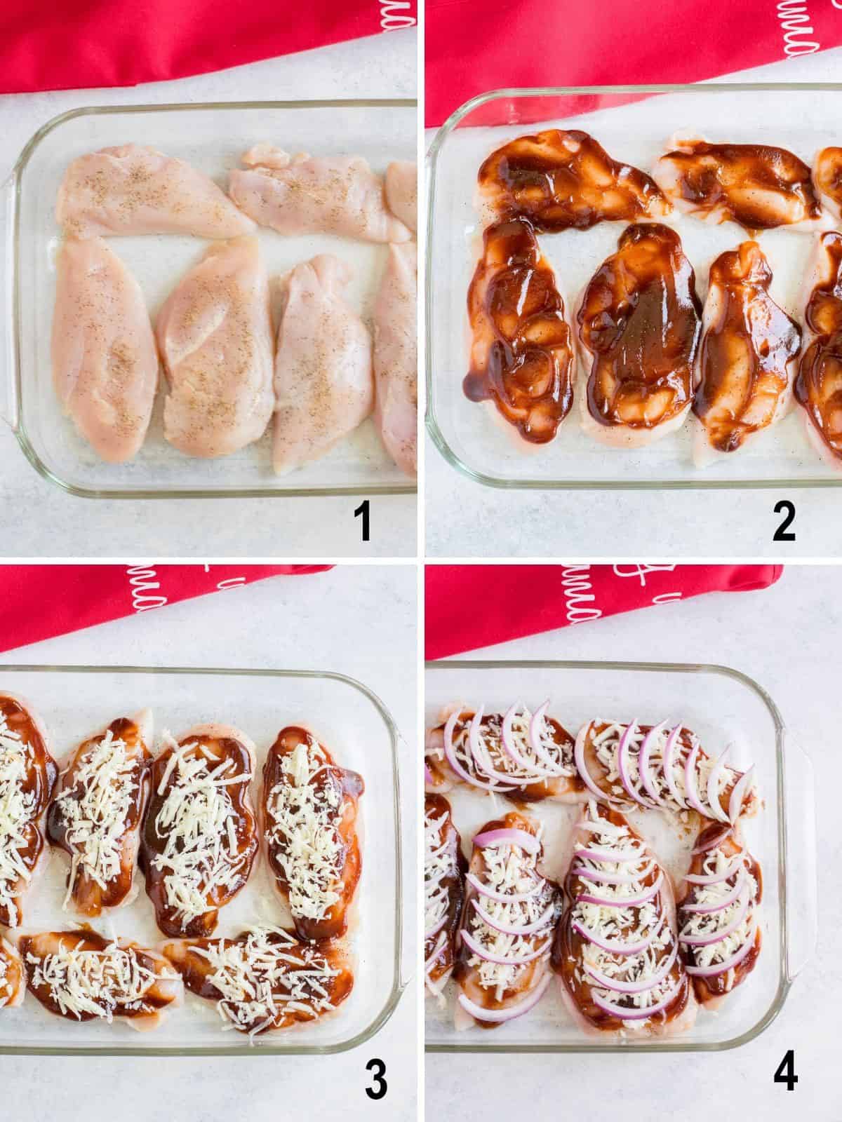 collage of raw chicken breasts, bbq sauce added, cheese added, onions added