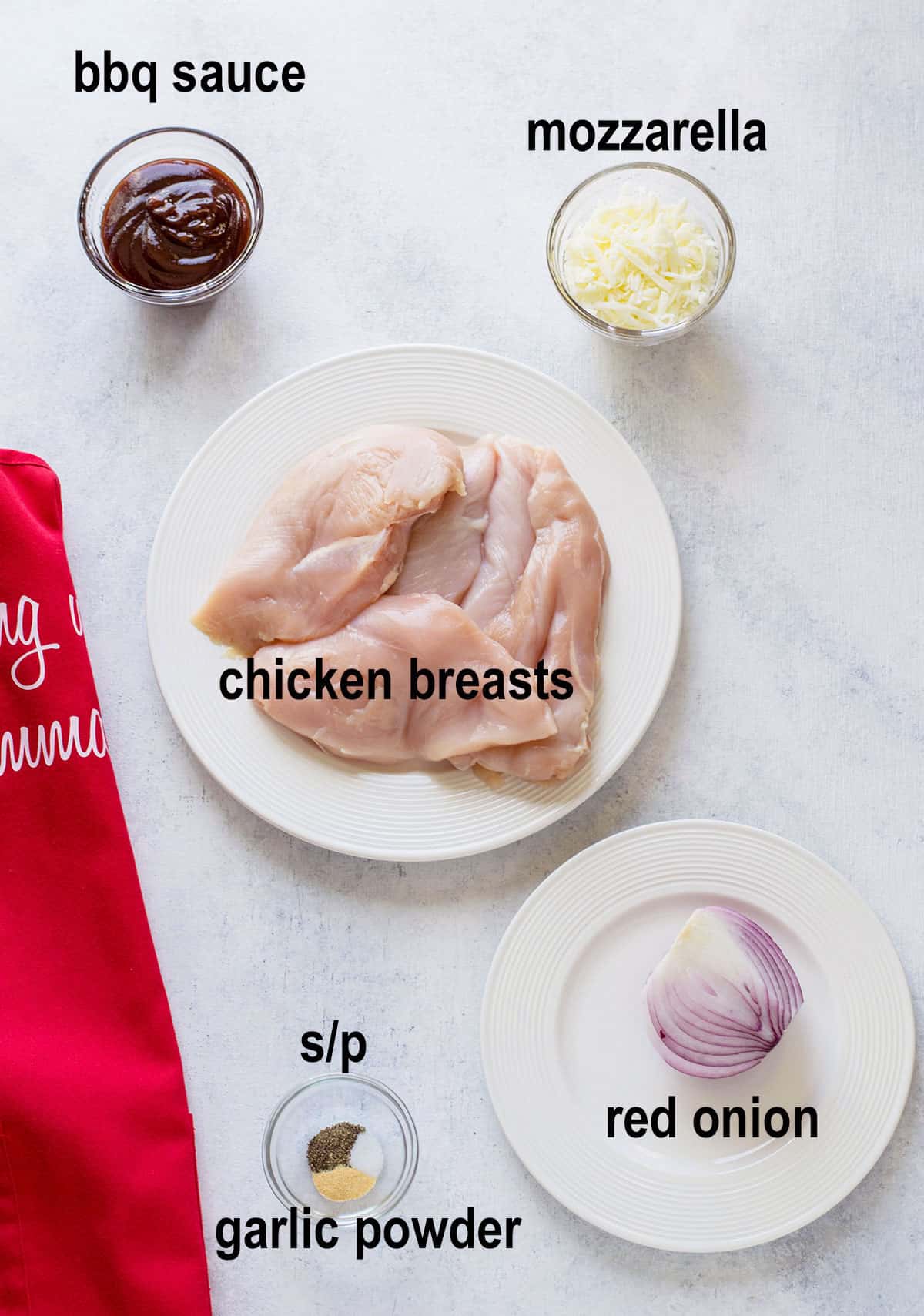 raw chicken breasts, barbecue sauce, mozzarella, onions, seasonings