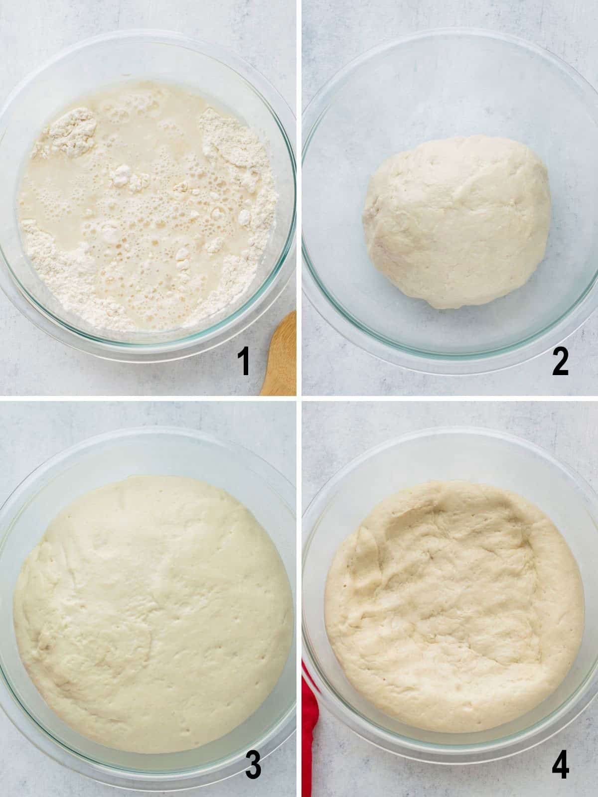 bowl of flour and water, ball of dough, risen dough, punched down dough