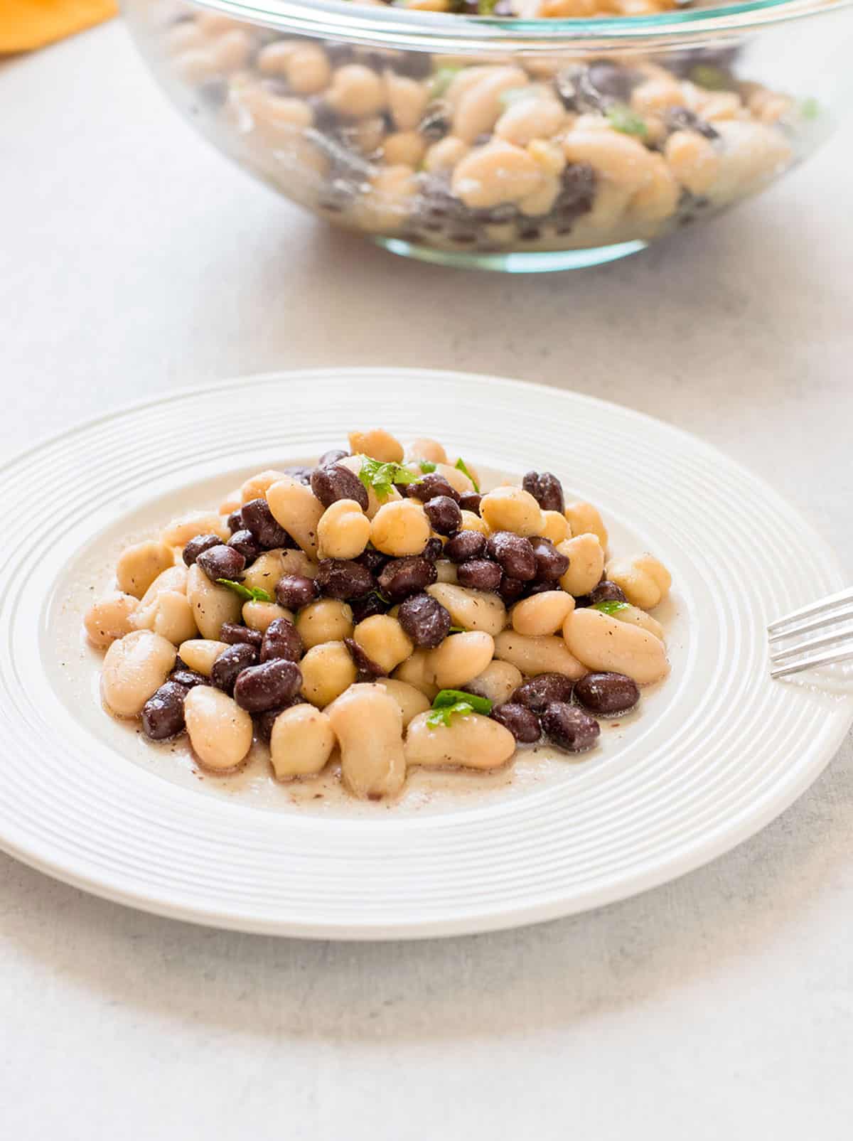Italian bean salad on plate with fork, serving bowl in background