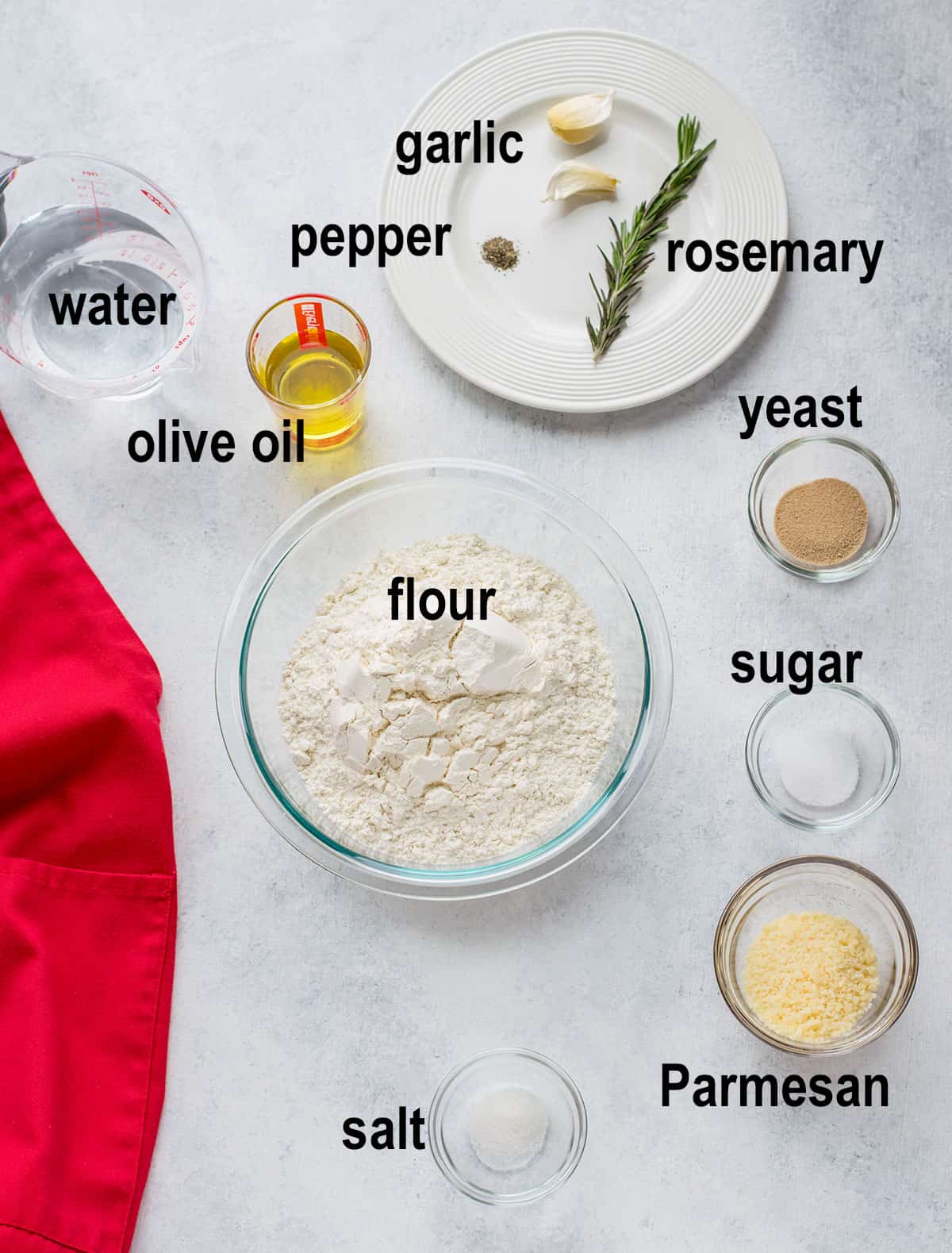 flour, garlic, rosemary, Parmesan, seasonings, yeast, sugar, oil