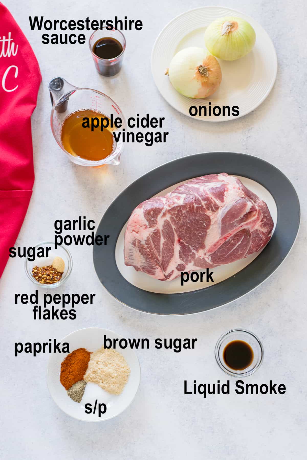 raw pork shoulder, onions, seasoning, vinegar, liquid ingredients