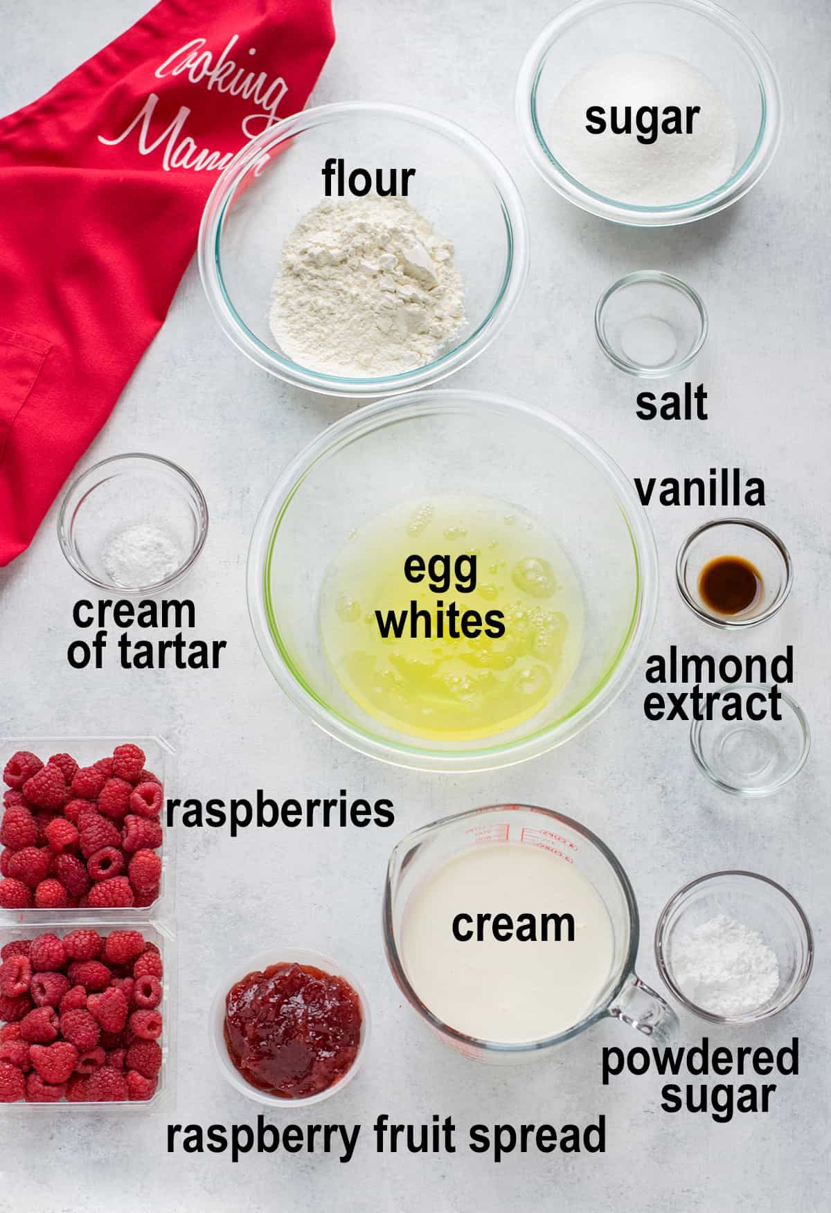 flour, sugar, egg whites, raspberries, cream and cake ingredients