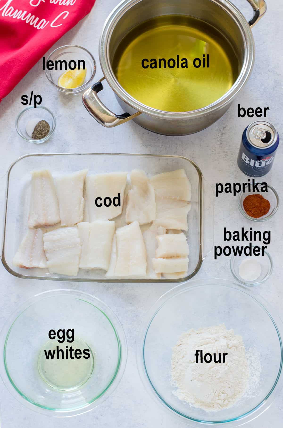 raw cod, flour, beer, egg whites, seasonings, oil, lemon