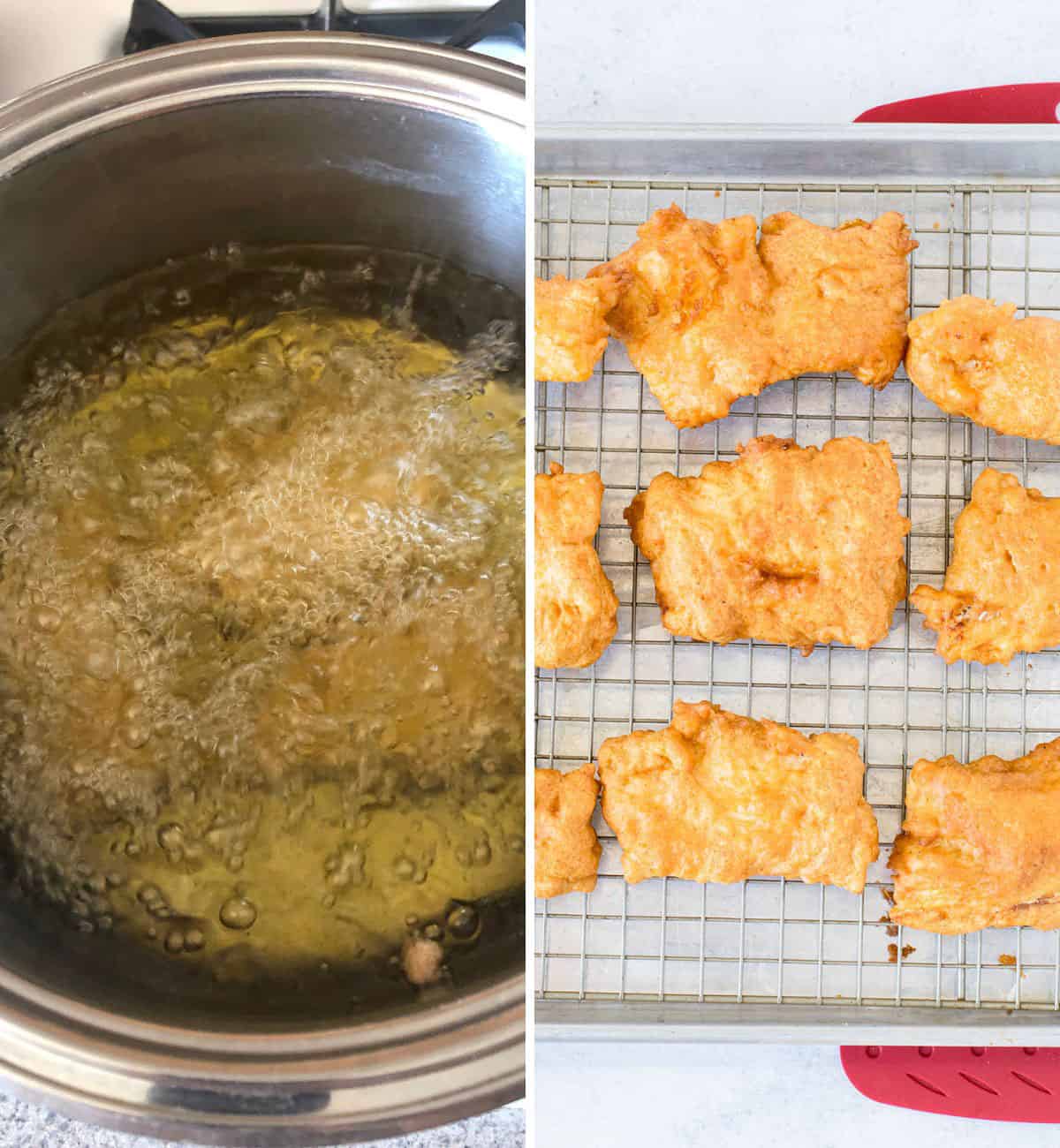 pot of fish frying in oil, deep fried cod on cooling rack