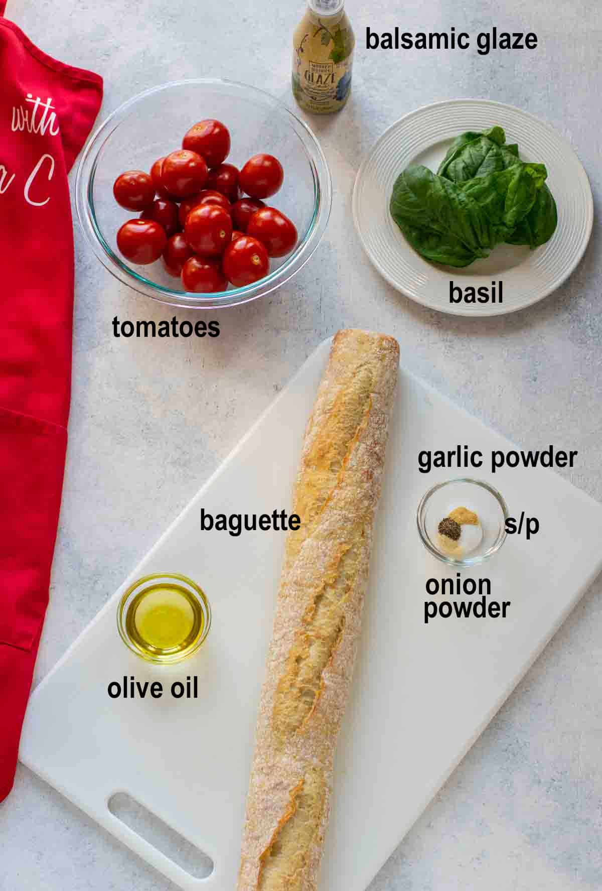 baguette, tomatoes, balsamic glaze, basil, oil, seasonings