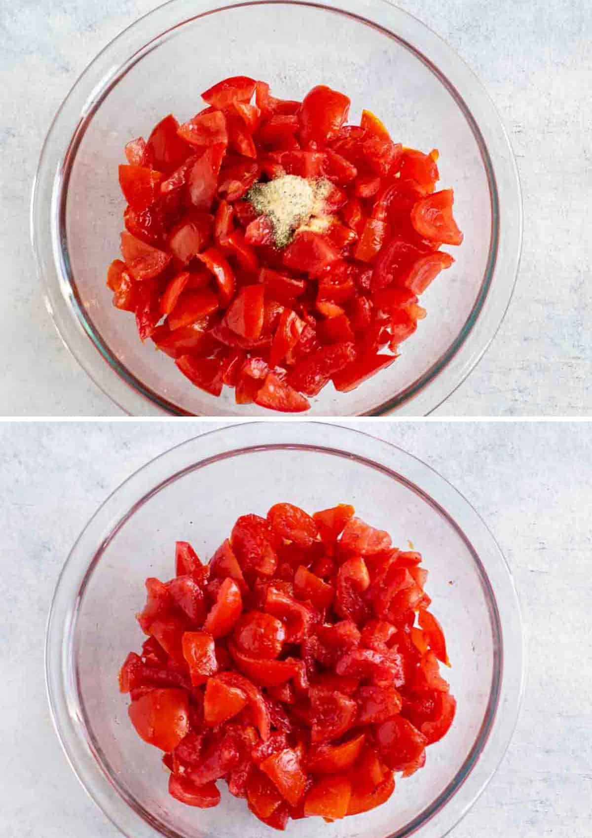bowl of cut tomatoes with seasonings, bowl of tomato salad.