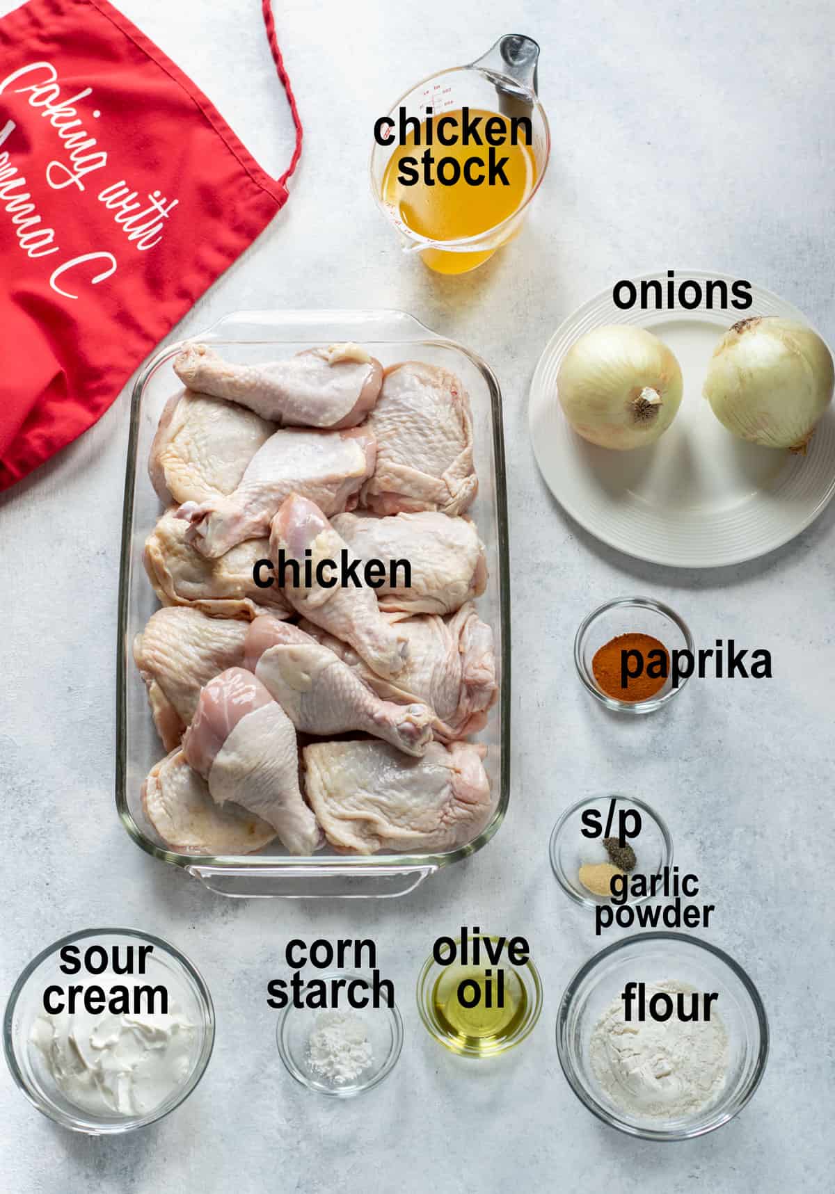 raw chicken, stock, onions seasonings, sour cream, oil, flour