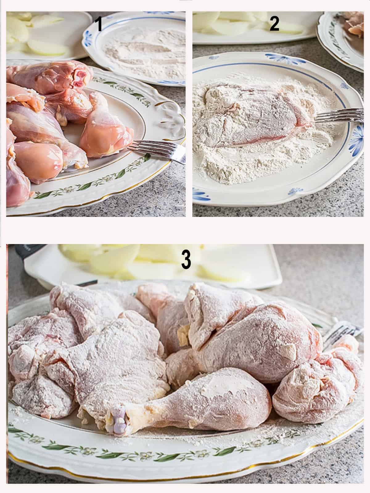 raw chicken, flouring piece of chicken, platter of floured chicken