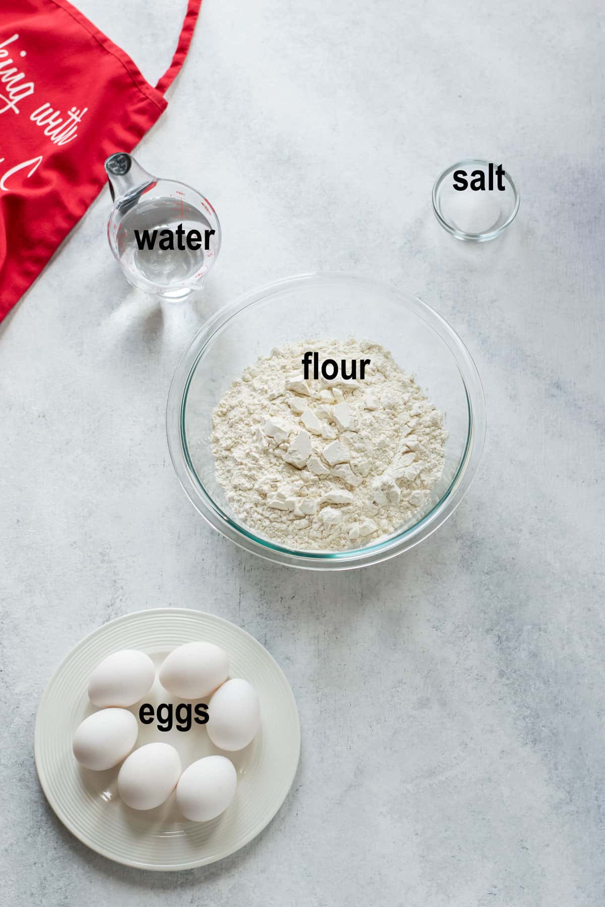 flour, eggs, water, salt