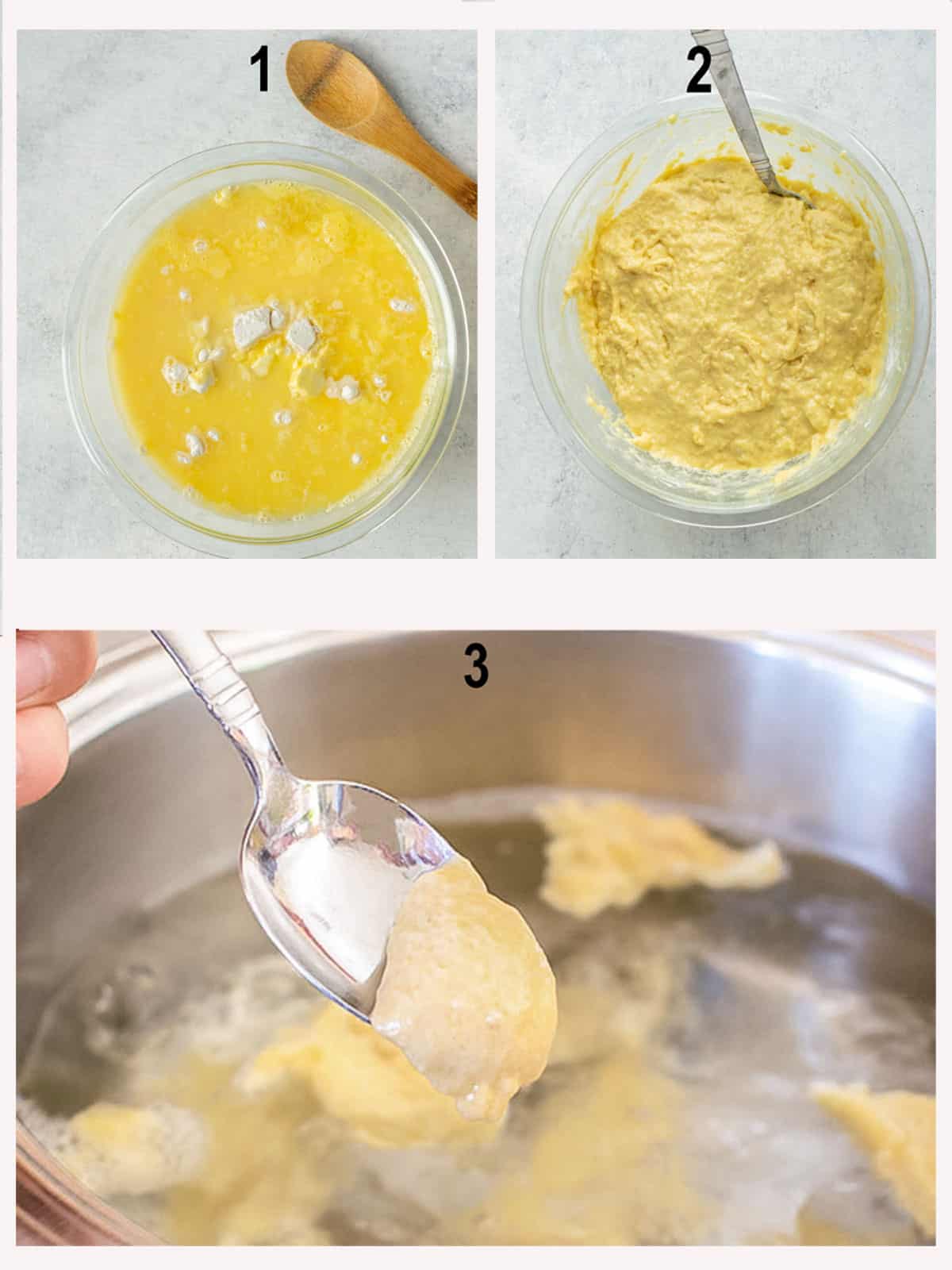 bowl of beaten eggs and flour, batter, spoonful of batter over pot of dumplings