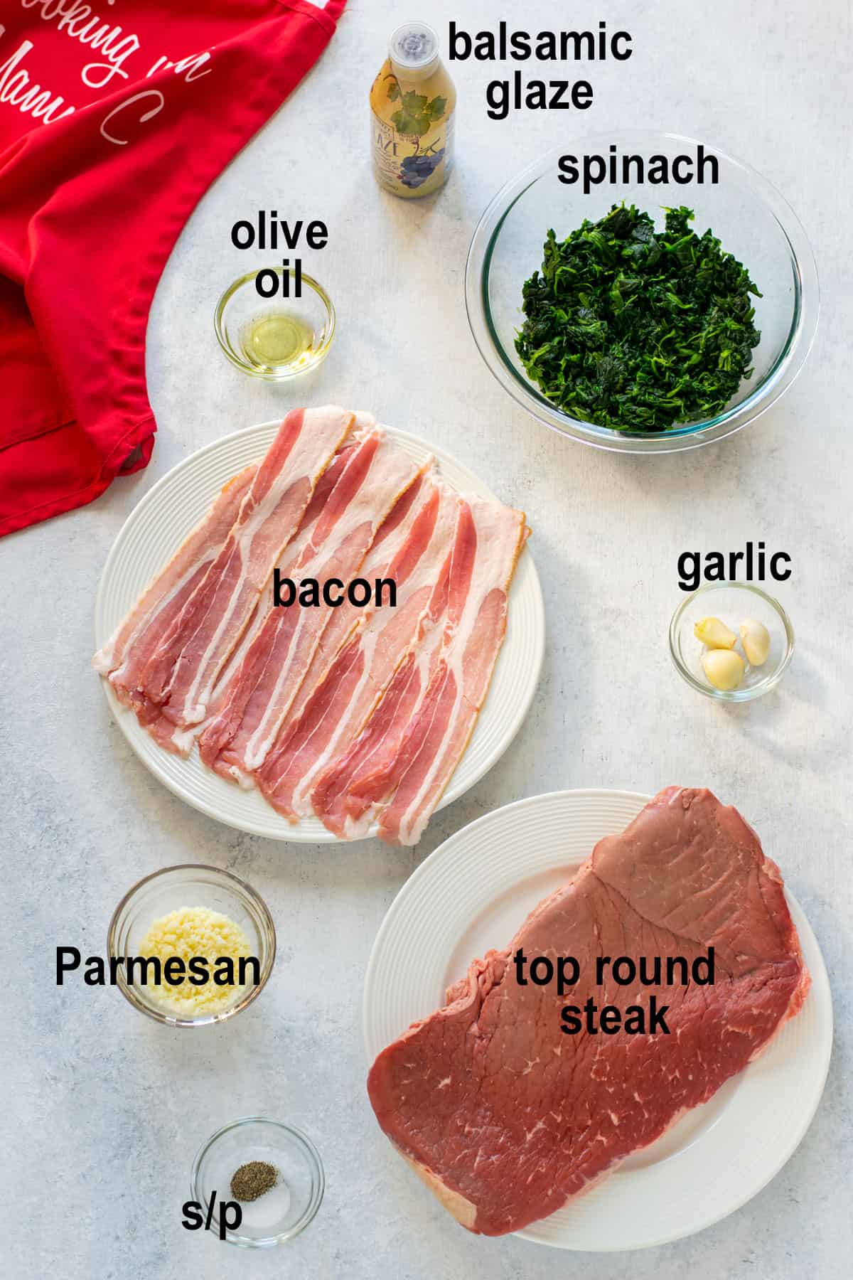 steak, spinach, bacon, Parmesan, seasonings, balsamic glaze, garlic, oil