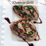 pinnable image for steak pinwheels with bacon.