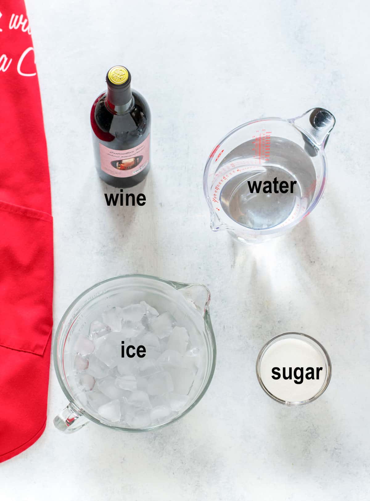bottle of red wine, water, sugar, ice