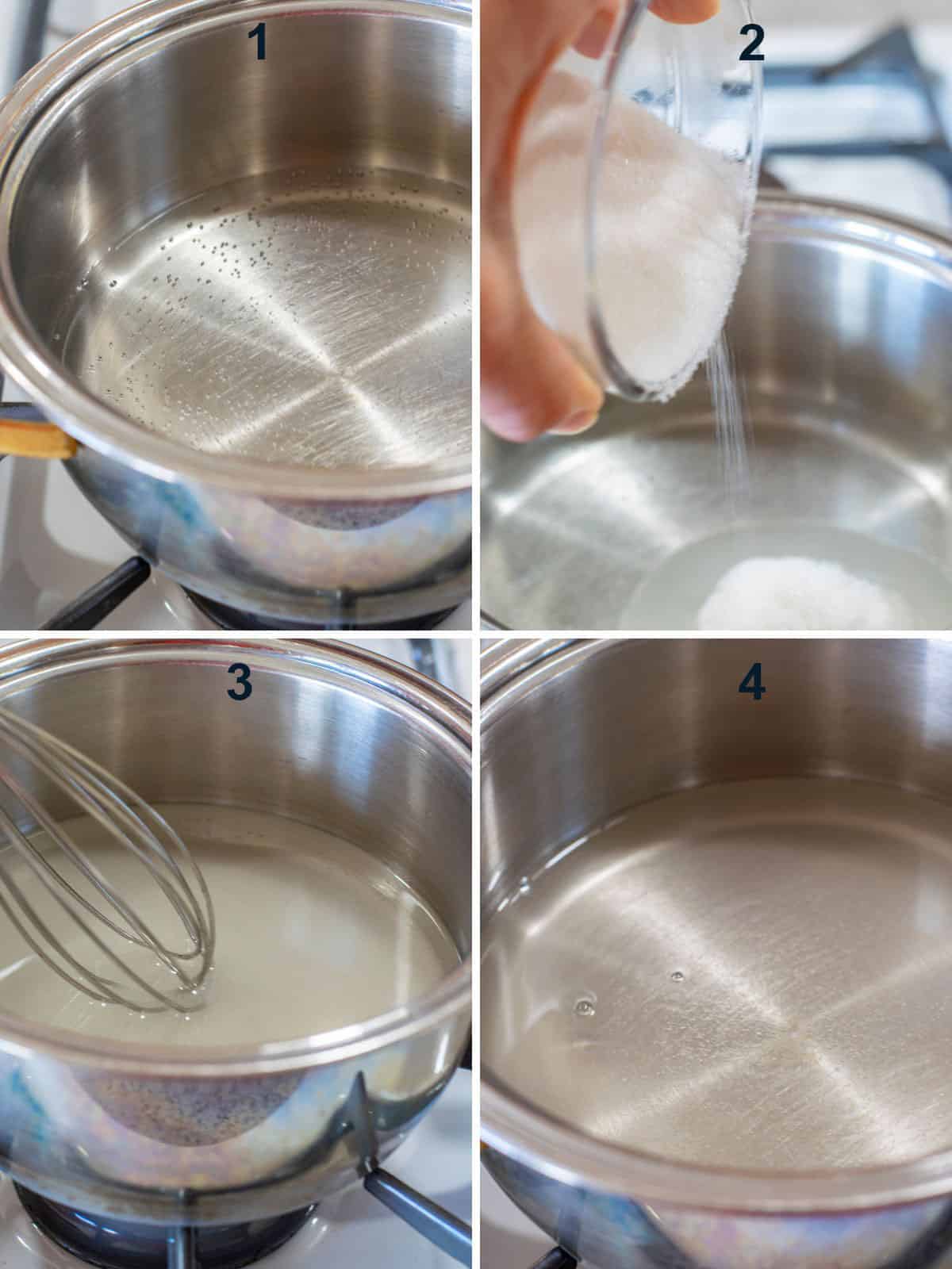 pot of bubbly water, adding sugar, whisking, pot of simple syrup