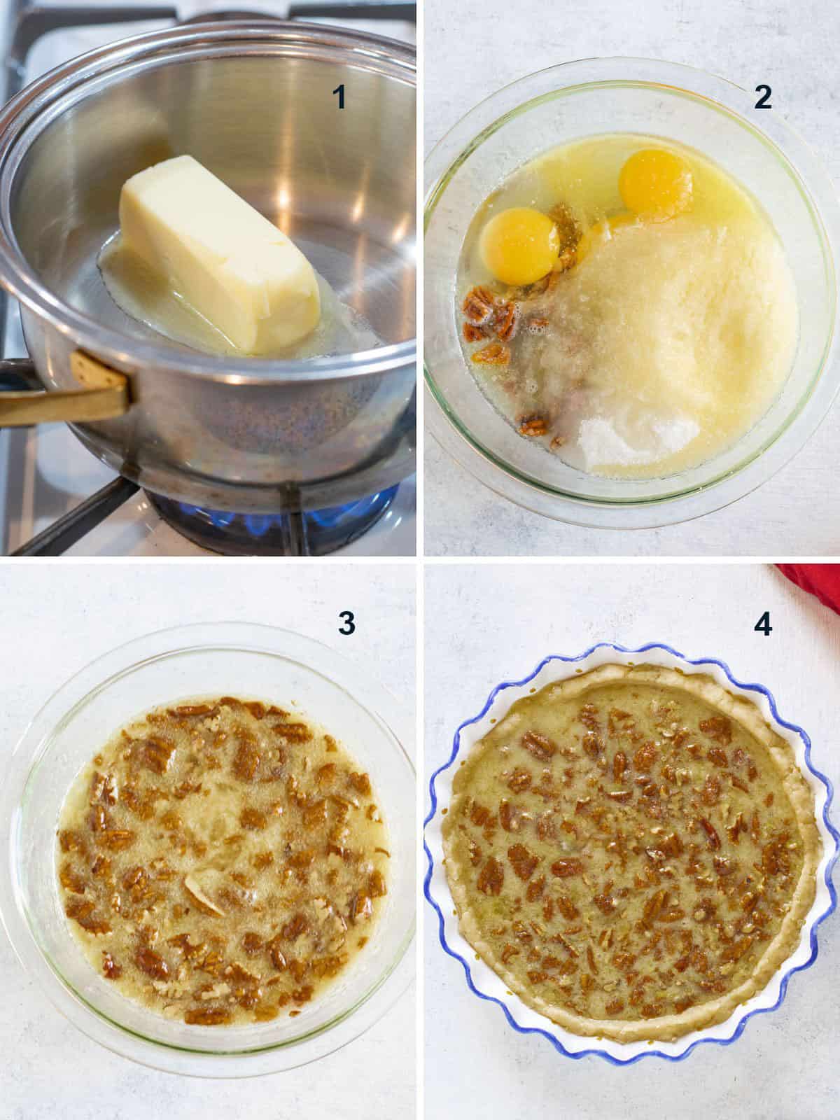 butter in pot, bowl of ingredients, mixed pie filling, unbaked pecan lemon pie
