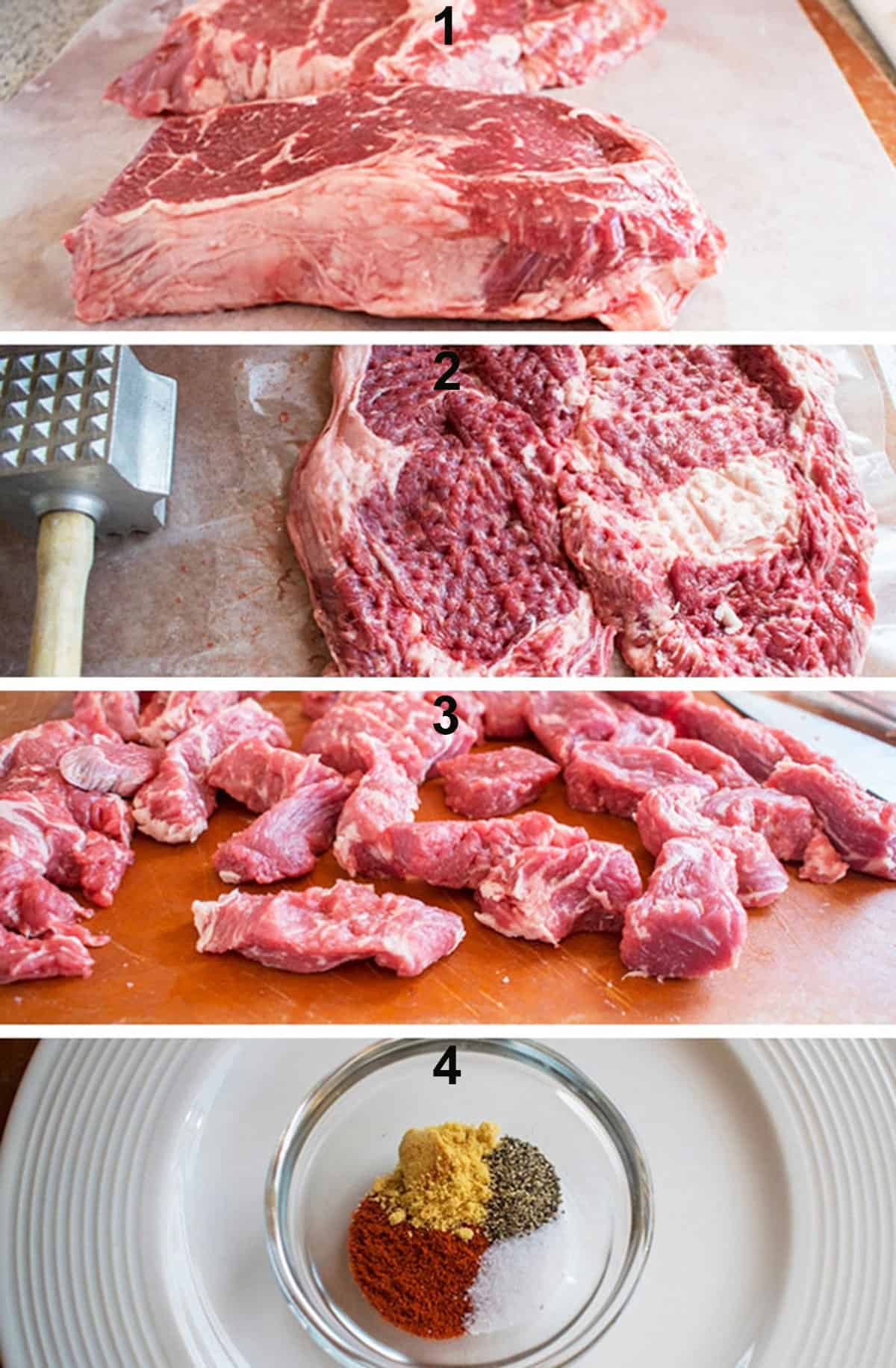 raw steaks, pounded steak, beef strips, seasonings