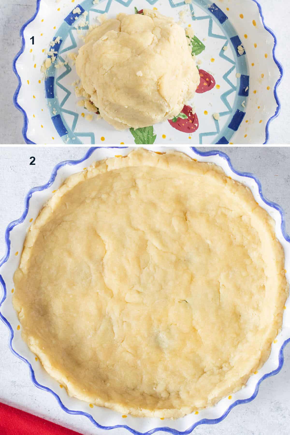 ball of dough, pie crust dough pressed into pie dish