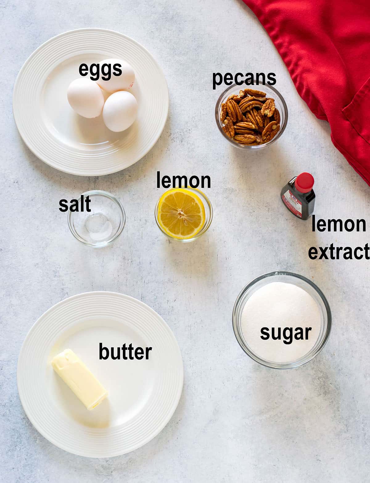 eggs, butter, pecans, lemon, salt, sugar, extract
